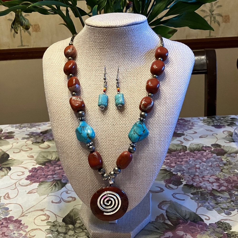 RED JASPER AND AUTHENTIC TURQUOISE SILVER ACCENTS WITH TURQ EARRINGS